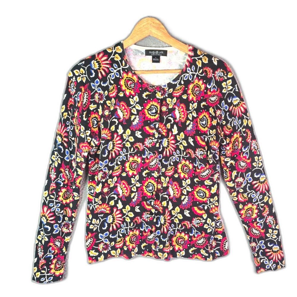 August Silk Heritage Cardigan L Black Dark Floral Button Front Boho Knit Top